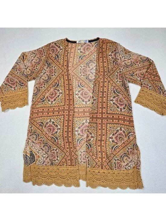 Jolt S Womens Paisley Crochet Trim Open Long Cardigan Boho - Picture 1 of 4